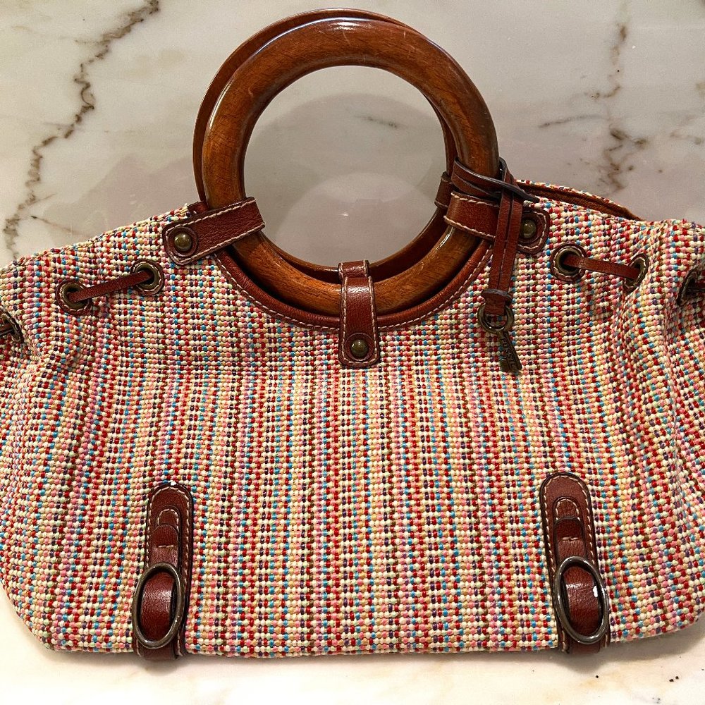 Fossil Womens Woven Multicolored Wood Handle Medium Size Bag Purse